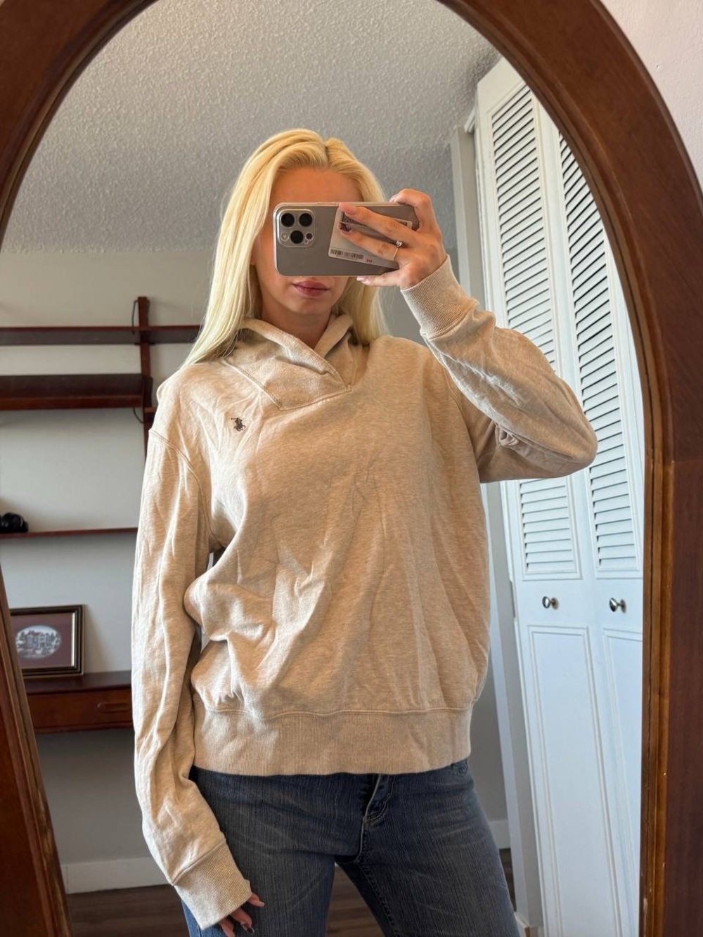 Polo by Ralph Lauren Neutral Beige Polo-Collar Pullover Sweatshirt
